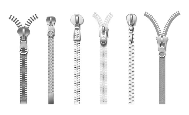 Vector silver zippers. isolated realistic metal pull. cloth fasteners, accessories for jeans, bags, coats and boots