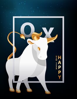 Silvery bull with golden horns postcard or cover with new year symbol ox in frame on sky of galaxy