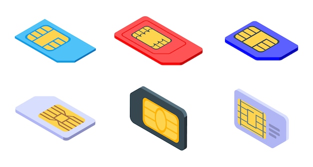 Sim phone card icons set, isometric style