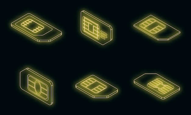 Sim phone card icons set vector neon