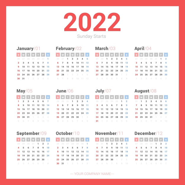 간단한 2022 달력 주 일요일 시작