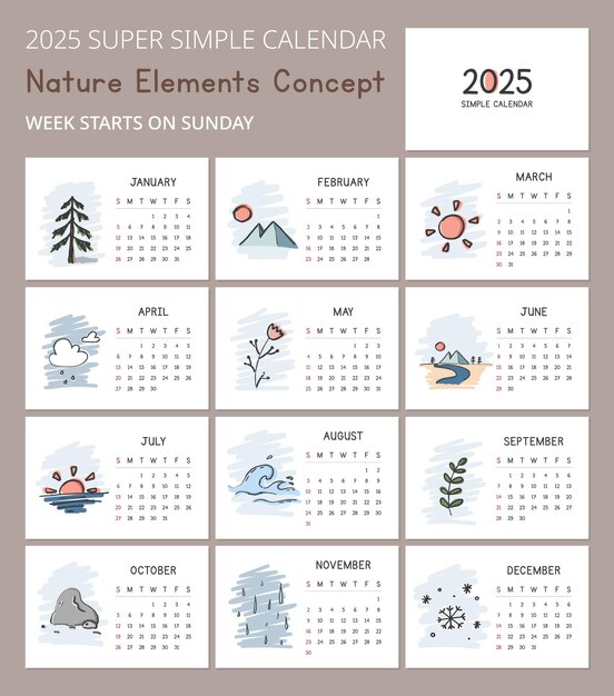 Vettore calendario semplice 2025 modello con elementari naturali carini illustrazioni concettuali sun tree river