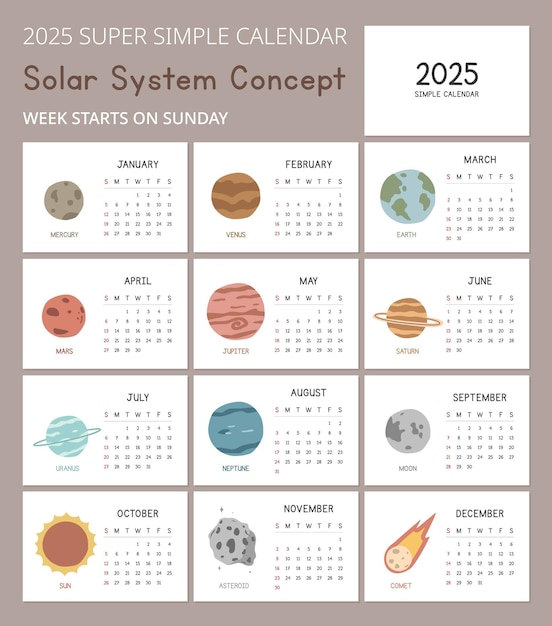 태양계 개념 일러스트레이션을 가진 간단한 2025 달력 템플릿 최소한의 레이아웃 터 디자인