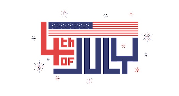 단순한 7월 4일 미국 독립 기념일 축하 배너에 정사각형의 기하학적 타이포그래피와 미국 국기가 있습니다.