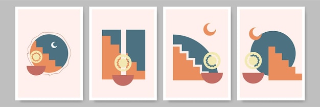 간단한 추상 다채로운 평면 Boho 기하학적 중립 색상 디자인 포스터