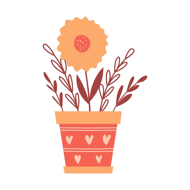 Un semplice fiore astratto in un vaso con un cuore una pianta d'appartamento con un bocciolo e ramoscelli un elemento decorativo per le carte di san valentino illustrazioni vettoriali a colori isolate su sfondo bianco