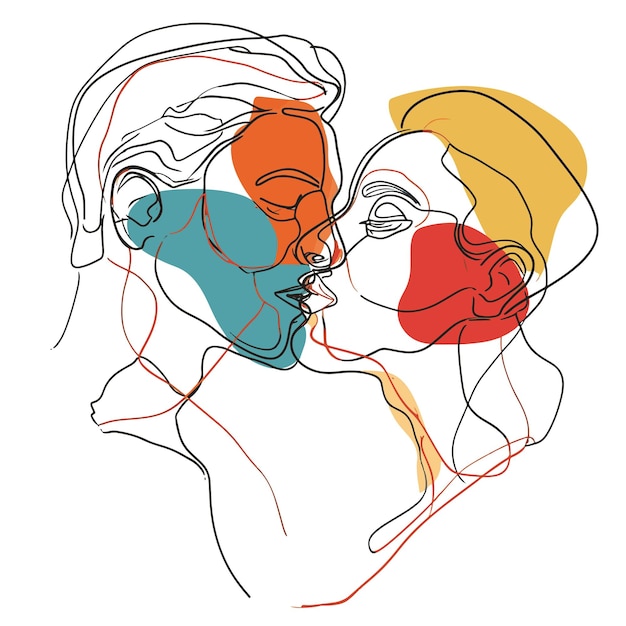 Vector simple abstract line drawing illustration of a couple kissing