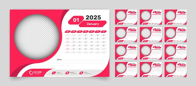 Vector simple abstract office desk calendar template design for the year 2025 day start from sunday