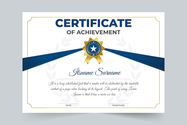 Простой дизайн академического сертификата с золотым значком и каллиграфией Награды и достижения, предназначенные для признательности и чести.
