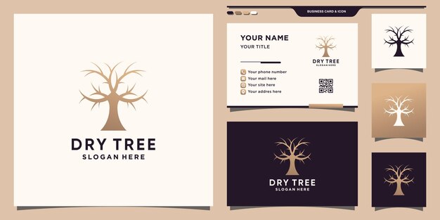 Простой и элегантный логотип сухого дерева с квадратной концепцией и дизайном визитной карточки premium векторы