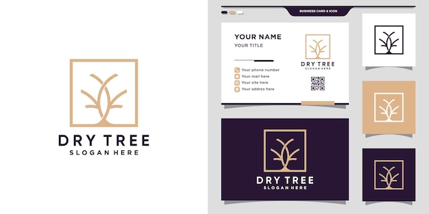 Простой и элегантный логотип сухого дерева с квадратной концепцией и дизайном визитной карточки