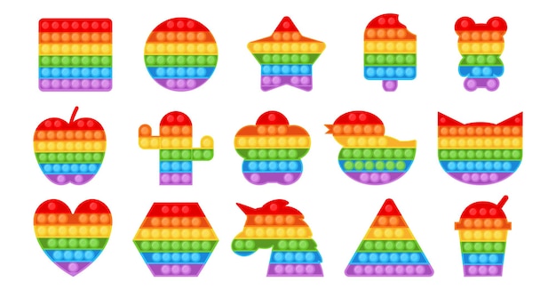 Semplice giocattolo antistress gioco alla moda arcobaleno colorato per le dita diverse forme agitano gadget sensoriali in silicone per bambini con bolle che scoppiettano e spingono set di popit luminosi isolati di cartoni animati vettoriali