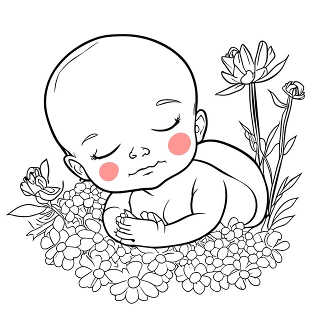 simple baby with flowers vector illustration line art