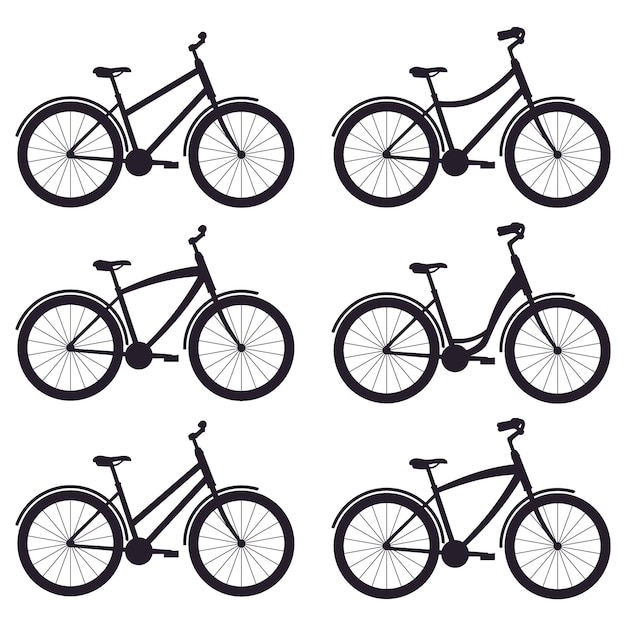 Simple bicycles silhouettes with different frames and handlebars set Vector illustration