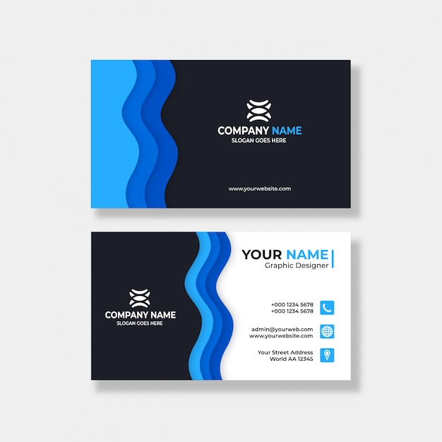 Vector simple black and blue business card with logo and icon for your business