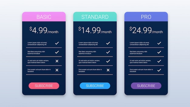 Simple black pricing table template