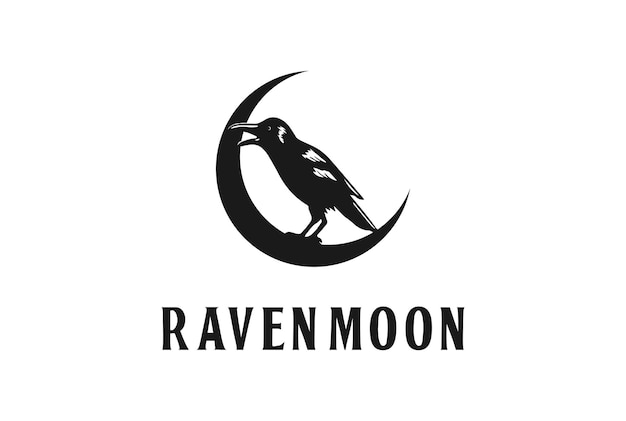 Simple Black Raven Crow Moon Crescent Logo Design Vector