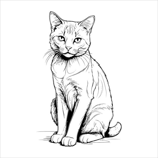 A simple black and white sketch of a cats entire body