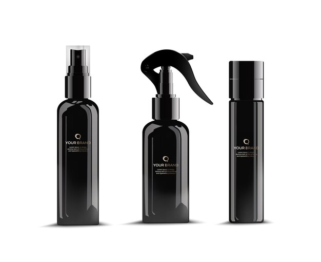 Simple blank black plastic cosmetic bottles with logo set vector illustration