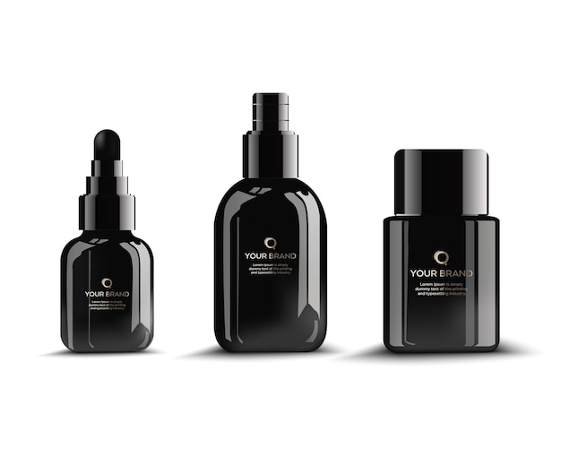 Simple blank black plastic cosmetic bottles with logo set
