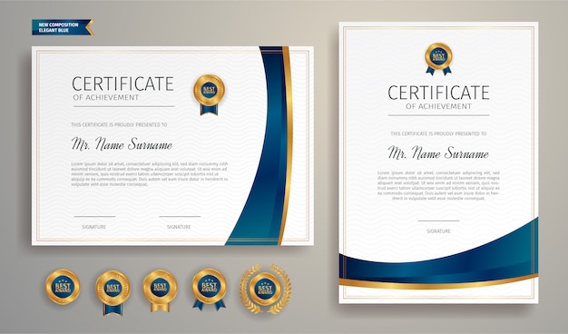 Semplice certificato blu e oro del modello di confine realizzazione con distintivi di lusso