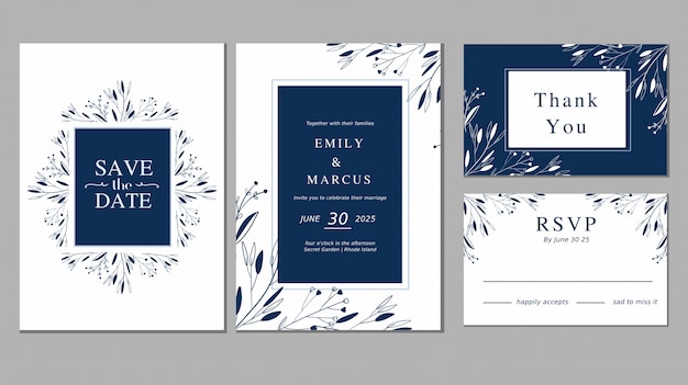 Vector simple blue ornament plant floral save the date wedding invitation card collection