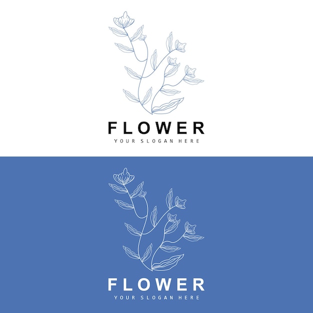 シンプルな植物の葉と花のロゴ ベクター自然なライン スタイルの装飾デザイン バナー チラシ 結婚式の招待状と製品のブランディング