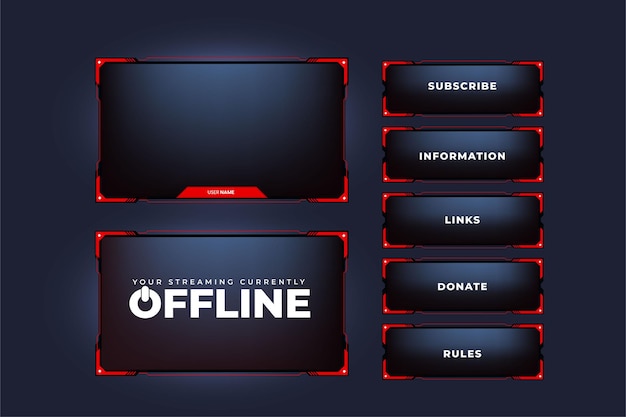 Simple broadcast frame design with red color and dark background offline and online screen panels with subscribe buttons for gamers modern gaming and streaming overlay vector for screen interface