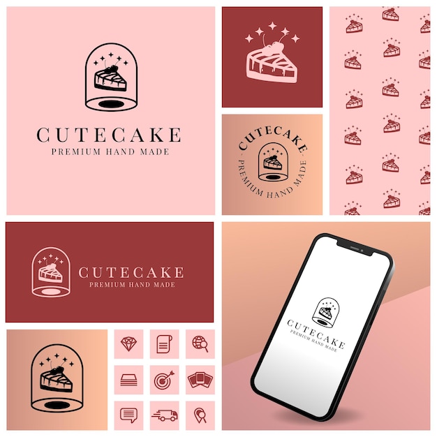 Vector simple brownies cake logo with seamless pattern decoration mockup