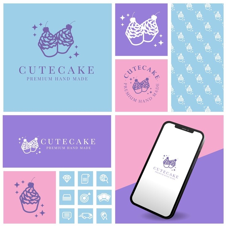simple brownies cake logo with seamless pattern decoration mockup