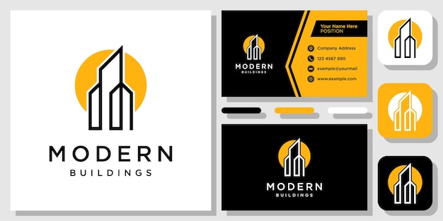 Simple Buildings Sun Light Apartment Rent Construction logo design inspiration with Business Card