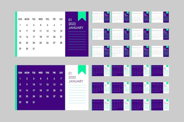 Vector simple business style 2023 english calendar template with purple and green colors, day starts sunday