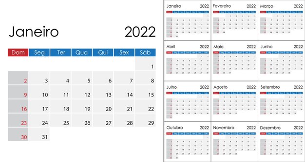 ポルトガル語のシンプルなカレンダー2022、週は日曜日に始まります。ベクトルテンプレート