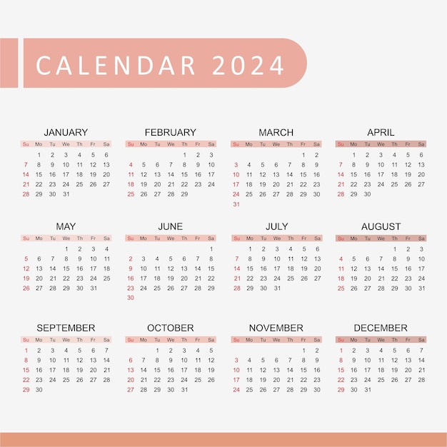 Vettore modello di calendario semplice per il 2024