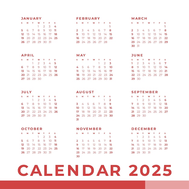 Простой календарь 2025 года, начало недели, воскресенье, шаблон