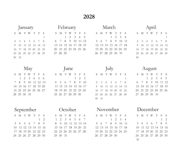 Simple calendar 2028