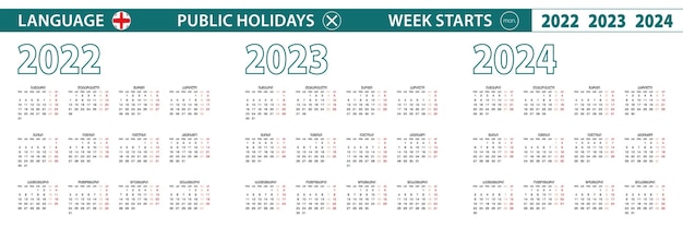 Simple calendar template in Georgian for 2022 2023 2024 years Week starts from Monday