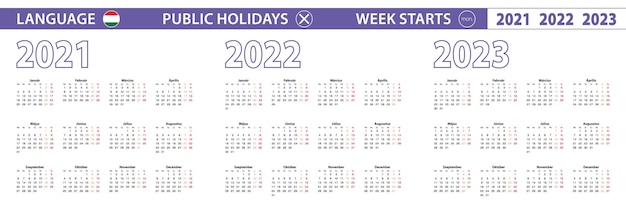 Простой шаблон календаря на венгерском языке на 2021, 2022, 2023 годы. неделя начинается с понедельника.