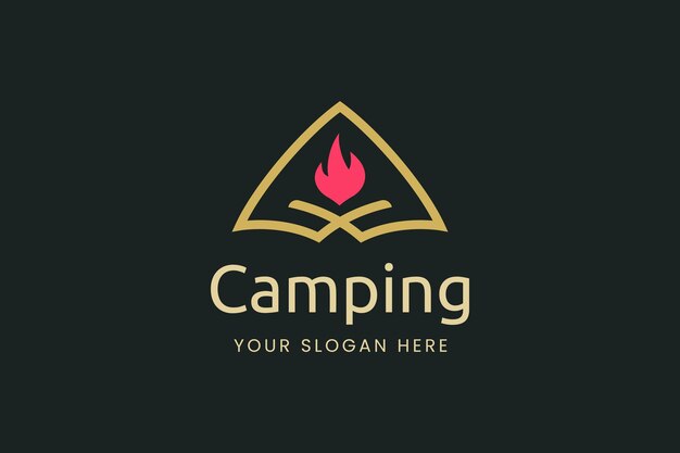 テントの形とたき火のシンプルなキャンプのロゴ