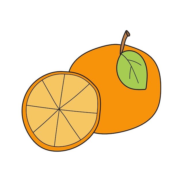 Simple cartoon icon. Orange fruit with leaf and slice. Vector illustration on white