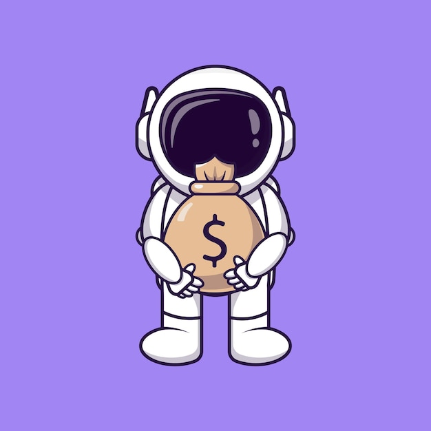 お金の袋を運ぶ宇宙飛行士のシンプルな漫画のイラスト。事業コンセプト
