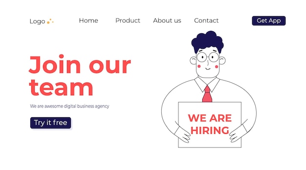 Simple character is hiring employee. Banner we are hiring. People searching for staff, read the cv. Vector trendy line art. Landing page concept for web page