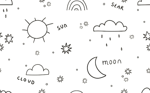 Simple childish pattern with weather, moon, sun, clouds