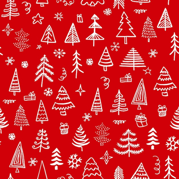 Simple christmas tree seamless vector patterns white tree isolated on a dark red background