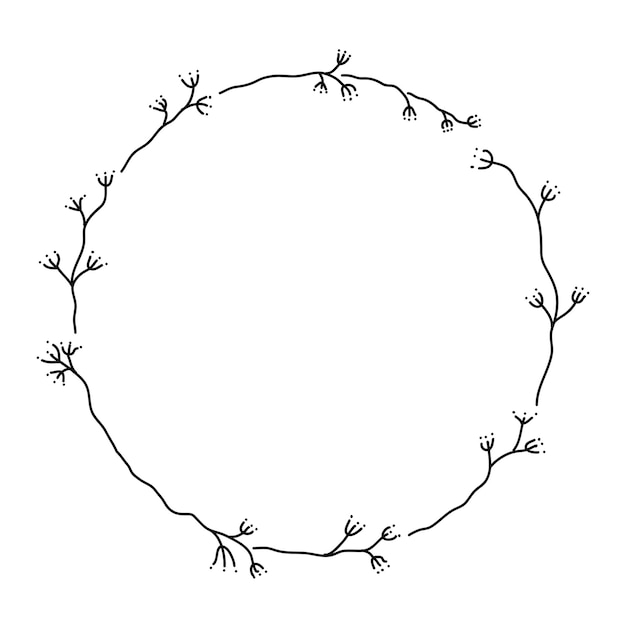 Simple circle frame with elegant leaves twig and floral boho element doodle style Vector isolated clip art on white background Hand drawn floral wreaths