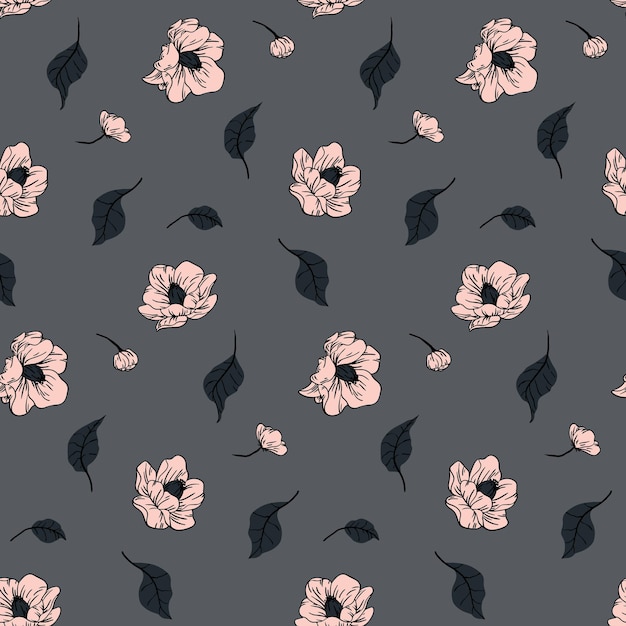 A simple clean floral print with outline plants Seamless pattern minimalistic botanical background with falling flower heads leaves in cold gray colors Vector illustration