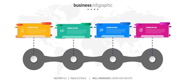 Простой и чистый шаблон дизайна бизнес-инфографики для презентаций с 4 панелями опций
