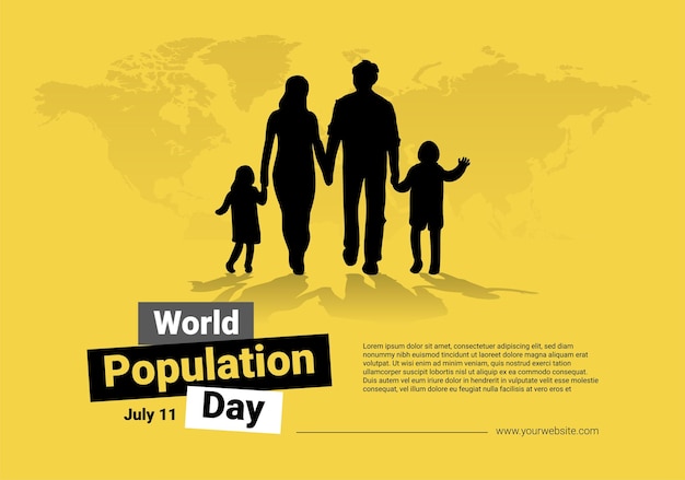 Vettore striscione semplice e pulito per la giornata mondiale della popolazione con la silhouette della famiglia e il concetto di sfondo della mappa del mondo