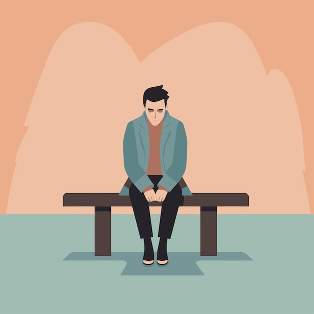 Simple clip art of a male person sitting alone with a sad expression