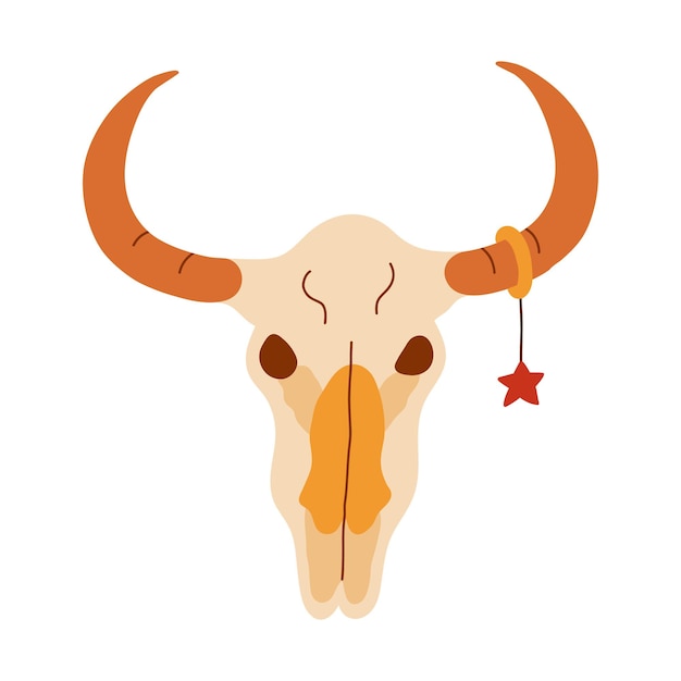 Semplice clipart di teschio di toro con orecchino a stella sul corno ritratto disegnato a mano di scheletro di testa di palella di mucca in vista frontale segno di cowboy cultura occidentale cowgirl nativa americana e texas